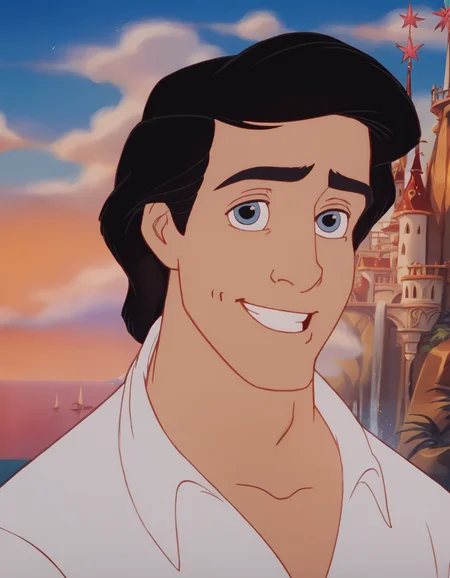 score_9, score_8_up, score_7_up,
Prince_Eric_LTM, 1boy, black hair, light-blue eyes, white shirt, three-quarter sleeves, red waistband, gray pants, black boots,
solo, standing, light smile, looking at viewer,
sea shore, fantasy white castle on a high cliff in the background,
best quality, much detailed, high resolution, Expressiveh, zPDXL3, <lora:Prince_Eric_LTM:1>, <lora:Smooth Anime Style LoRA XL:0.8>, <lora:Expressive_H:0.6>, <lora:add-detail-xl:1>, <lora:zPDXL3:1>âââ