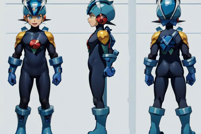 (masterpiece, official art, simple background, full body, standing, chara-sheet), best quality, megaman, (blue footwear, boots), blue headwear, helmet, (indigo bodysuit:1.5), covered collarbone, yellow pauldron, blue gloves, green eyes, looking at viewer, male focus, open mouth, smile, muscular, large pectorals, thick thighs