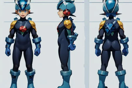 (masterpiece, official art, simple background, full body, standing, chara-sheet), best quality, megaman, (blue footwear, boots), blue headwear, helmet, (indigo bodysuit:1.5), covered collarbone, yellow pauldron, blue gloves, green eyes, looking at viewer, male focus, open mouth, smile, muscular, large pectorals, thick thighs