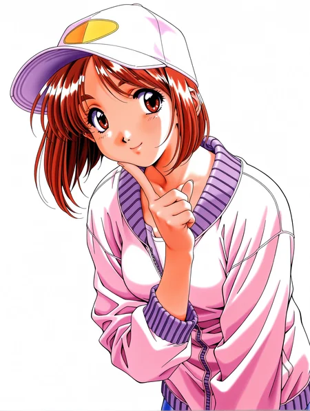 masterpiece,best quality,newest,
1girl,solo,
1990s \(style\),<lora:yamamoto_rurika_ilxl_v1.0:1>,y_ruruka,short hair,brown hair,brown eyes,
baseball cap,jacket,long sleeves,<lora:Fixhands_anime_bdsqlsz_V1:1>,white_background,simple_background,upper_body,looking_at_viewer,standing,smile,finger to own chin,profile,