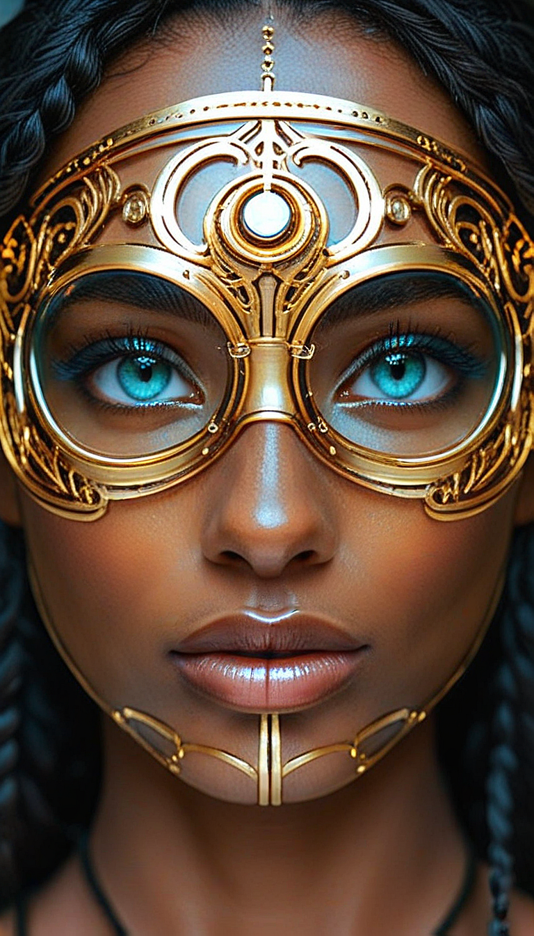 Close-up gorgeous girl face , dark skin, sexy, cute, bangs, freckles, striking turquoise large eyes, aligned eyes, mirror eyes, (half smile),
BREAK,
(wearing transparent sci-fi Venetian Mask with intricate very detailed gold filigree), (thin detailed gold filigree), curly black hair, braid,
long lashes, trendy portrait, sci-fi style, sci-fi mechanisms, 
tender Aesthetic nose, ears, puffy lips, sensual lips, detailed texture, detailed eyes, detailed skin, clean skin,
<lora:Someplastic:1>, (ultra sharp focus:1.8), (detailed skin:1.8), (thin lines:1.8), (best quality:1.8),
<lora:Apparatus_-_Traction_City_Walkers_Vehicles:0.7>,
<lora:add-detail-xl:2> (ultra sharp focus:1.8), (detailed skin:1.8), (thin lines:1.8), (best quality:1.8),
<lora:glowneon_xl_v1:0.8>