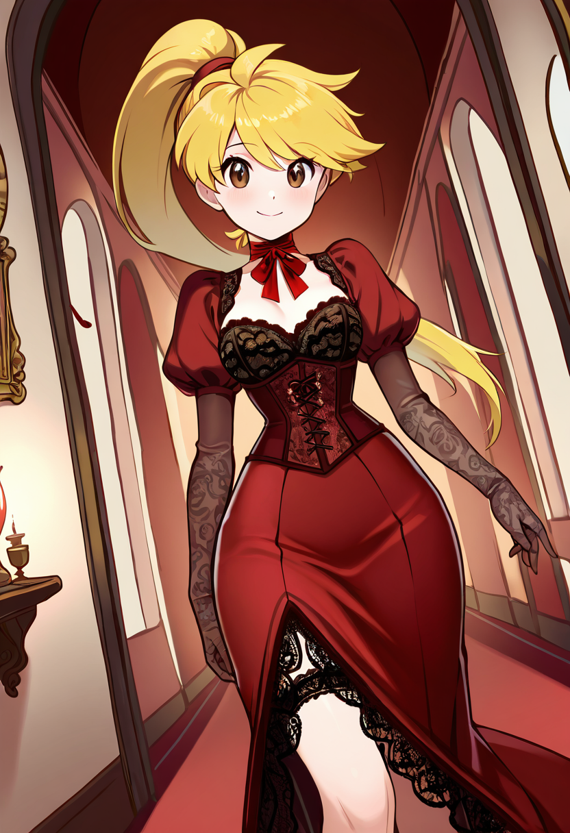 masterpiece, best quality, solo, curvy, beautiful eyes, narrow waist, wide hips, 1girl, solo, smile, looking at viewer, dynamic angle, foreshortening, close up,    zzYellow, brown eyes, blonde hair, long hair, ponytail, bangs,  , <lora:YellowPokemon_NAI:1.0>, [Crimson Manor Heiress], elegant corset dress, embroidered bodice, layered lace skirt, puffed sleeves, blood-red ribbon choker, sheer opera gloves, velvet heels, lace garter, jeweled hair comb, long mourning veil, candlelit hallway, antique mirror, aristocratic expression, fanged smile,