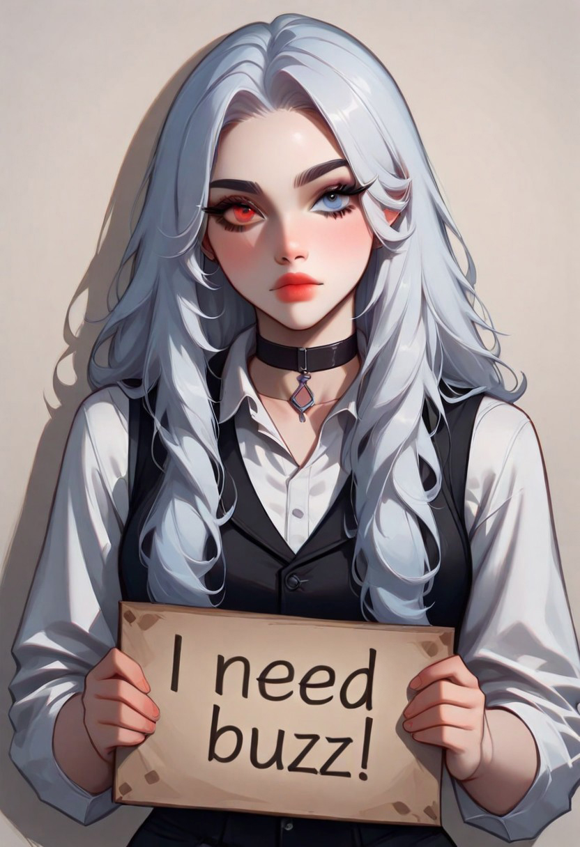artist:moriimee, ExpresHGothicNeonIncase, need_buzz, holding sign. Heterochromia, left eye red color, right blue color, sleek black vest and a white shirt, black choker, straight silver long hair, holding a sign