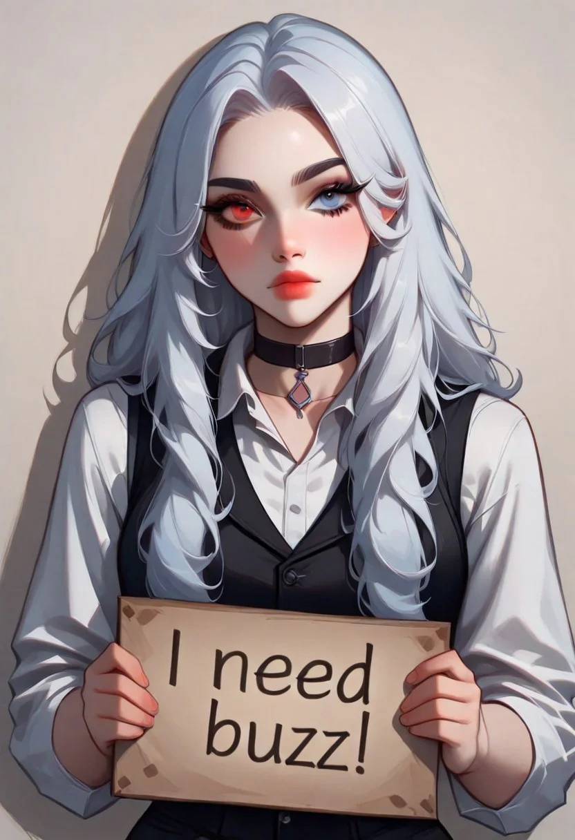 artist:moriimee, ExpresHGothicNeonIncase, need_buzz, holding sign. Heterochromia, left eye red color, right blue color, sleek black vest and a white shirt, black choker, straight silver long hair, holding a sign