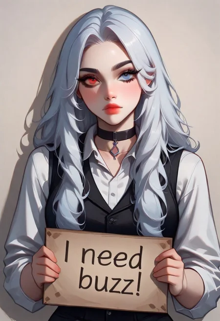 artist:moriimee, ExpresHGothicNeonIncase, need_buzz, holding sign. Heterochromia, left eye red color, right blue color, sleek black vest and a white shirt, black choker, straight silver long hair, holding a sign