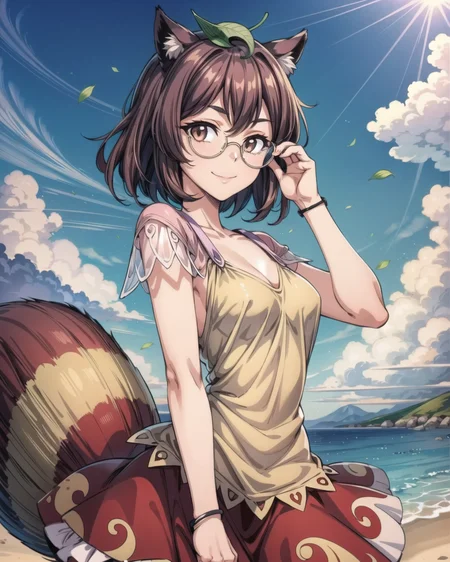 <lora:touhou_futatsuiwa-10:1.0>, cowboy_shot, solo, 1girl, futatsuiwa, smile, closed mouth, looking at viewer, leaf on head, glasses, skirt, raccoon tail, masterpiece, best quality, <lora:add_detail:1>