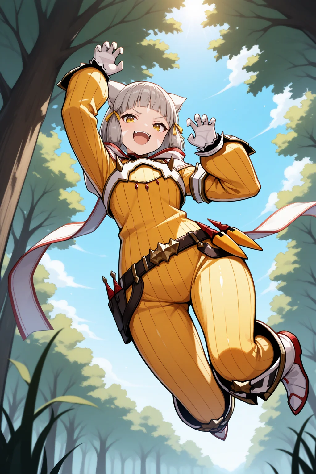 masterpiece, best quality, 1girl, solo, <lora:nia-illu-nvwls-v1_1-000006:1> xc2N1a, cat ears, grey hair, short hair, blunt bangs, facial mark, hair ribbon, yellow bodysuit, long sleeves, belt, white gloves, boots, claw pose, pouncing, jumping, midair, full body, blue sky, from below, smug, happy, open mouth, (from below:1.25), forest, looking at viewer