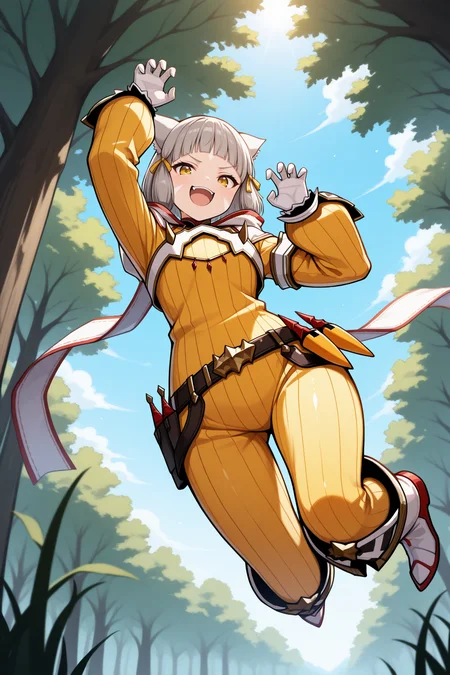 masterpiece, best quality, 1girl, solo, <lora:nia-illu-nvwls-v1_1-000006:1> xc2N1a, cat ears, grey hair, short hair, blunt bangs, facial mark, hair ribbon, yellow bodysuit, long sleeves, belt, white gloves, boots, claw pose, pouncing, jumping, midair, full body, blue sky, from below, smug, happy, open mouth, (from below:1.25), forest, looking at viewer