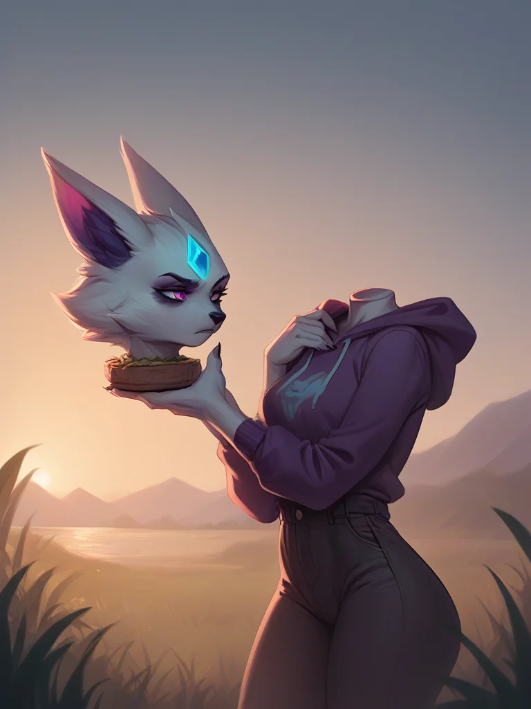 score_9,score_8_up,score_7_up,score_6_up,score_5_up,score_4_up, source_anime BREAK disembodied_head, + holding head girl furry vex_league of legends, serious face, hands up,  from side, outdoors,cloudy sky  <lora:sdxlpony_disembodiedhead-t1-000006:1.3>
