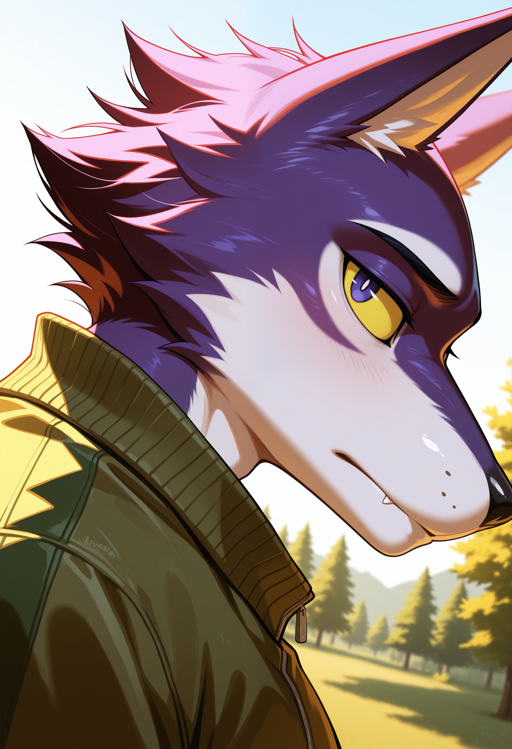 masterpiece,best quality, amazing quality, 1boy, solo, l0b0, furry male, 1boy, solo, manly, purple fur, purple pupils, yellow sclera, green jacket, two-tone fur, white fur, looking at viewer, close up, side angle, outdoor,