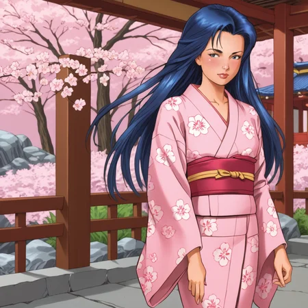 <lora:Shi_pony_v1:.75> Shi, 1girl, long hair,  retro artstyle, blue hair, 1990s (style), 1980s (style), cowboy shot,, japanese clothes, kimono, hair ornament, blush, hair flower, pink kimono, sash, obi, floral print, wide sleeves