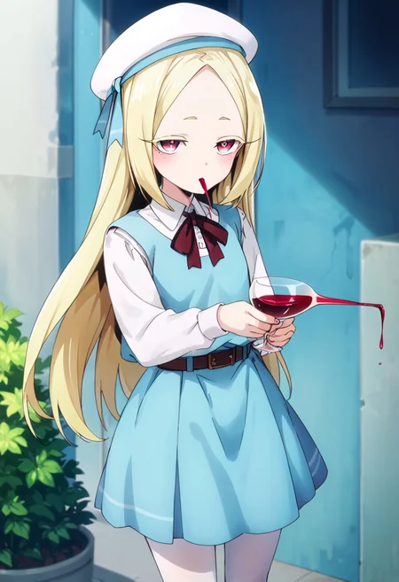 score_9, score_8_up, score_7_up, score_6_up, korisu, long_hair, blonde_hair, neck_ribbon, beret, collared_shirt, white_shirt, blue_vest, white_pantyhose, belt, pink_eyes, drinking, holding wine bottle, drinking wine. p0uring dr1nks