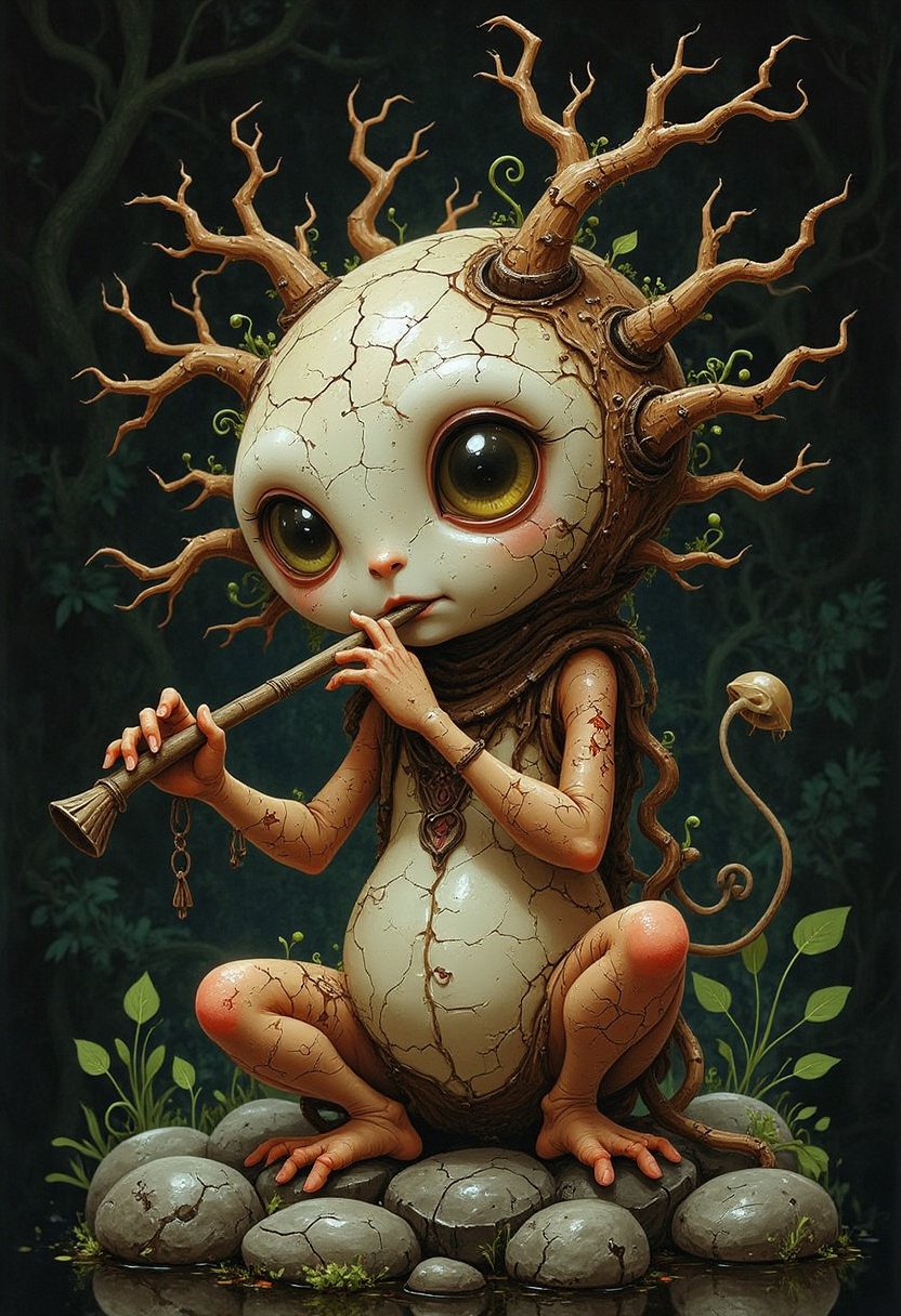 CreeepyCuteMagic A shy toadstool creature with oversized eyes, tiny hands, and a cracked porcelain mask growing from its face like bark from a tree; it sits in a circle of enchanted stones playing a flute that causes the plants to sway in sync; rendered in painterly detail like an Edward Gorey illustration colored by Hayao Miyazaki, a moody fairytale still life.