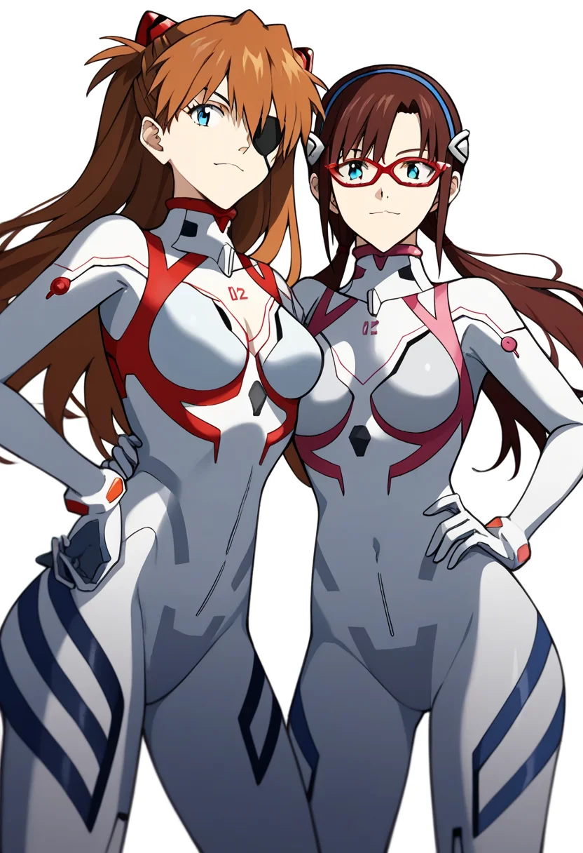 score_9,score_8_up,score_7_up,<lora:eva_pony:1>,2girls, souryuu_asuka_langley, makinami_mari_illustrious, science_fiction, cowboy_shot, standing, smile, expressionless, glasses, eyepatch, medium_breasts, plugsuit, under-rim_eyewear, closed_mouth, white_bodysuit, hand_on_own_hip, looking_at_viewer, interface_headset, simple_background, white_background, headgear, skin_tight, red-framed_eyewear, pilot_suit