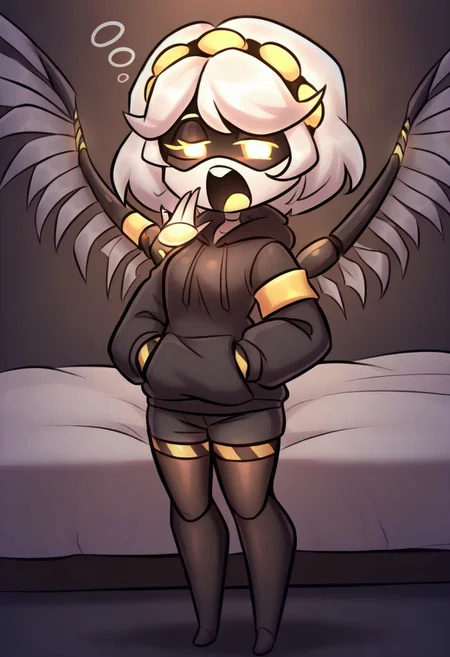 (masterpiece, high quality, highly detailed, best quality), SD-V, 1girl, solo, robot girl, humanoid robot, robot joints, hairband, short white hair, yellow eyes, solid circle pupils,fur-trimmed black jacket, armband, mechanical wings,
mature female, hoodie, oversized hoodie covering hips, hoodie too big, 4 sizes bigger hoodie, no bra under clothes, oversized hoodie, cute smile, (half closed eyes:1.2), (sleepy:1.1), tired, yawning, looking at viewer, modern bedroom background, at night, full body portrait, from front, Light, on bed, white shirt, shorts, feet, no shoes, chibi