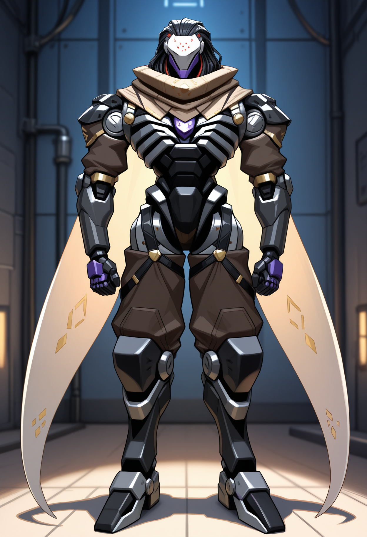 masterpiece,best quality,amazing quality, 1boy, solo, r4m4ttr4, robot boy, scarf, wing cape, brown pantslegs, black leg straps, o-ring top, full body,