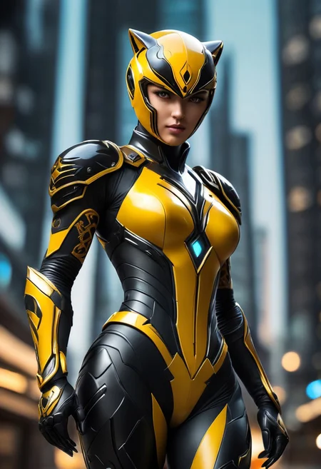 The Yellow Power Ranger helmet features sleek lines of loepard, a dark black visor. Its mouthpiece imitates a powerful leopard jawline with angular accents. The suit is a vibrant yellow, sleek design with intricately woven and black spots. The material is both flexible and durable. The emblem prominently displayed across the chest. The arms have form-fitting sleeves that transition into gloves with retractable claws. A utility belt adorns the waist. The legs are adorned in streamlined pants that echo the design of the upper body. cyberpunk art style, Shounen Anime Style, cyberpunk alien city background, full--body, highly--detailed, bokeh--focus, soft Analogous colors, extremely wide-angle, FastNegativeV2, <lora:fightingpose:0.7>fighting pose,
