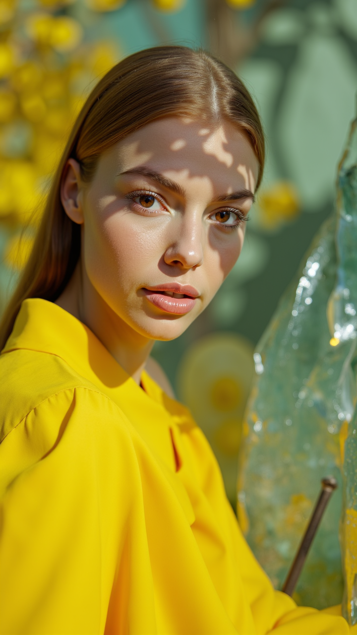 A woman with Undercut, handsome Ruby hair and piercing green eyes gazes out from behind a Torus of crystal. She wears a Meek DayGlo yellow Formal gown that billows in the Unattractive breeze, , aidmaHyperrealism