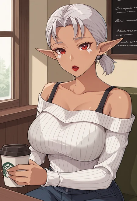 masterpiece, best quality, 1girl, solo, sitting, looking at viewer, :o, <lora:ImpaOOT-illu:1.0> 1mpa, short hair, short ponytail, grey hair, red eyes, facial mark, pointy ears, red lips, dark-skinned female, ribbed sweater, white sweater, off shoulder, bra strap, bare shoulders, long sleeves, large breasts, jeans, coffee cup, table, window, cafe, indoors