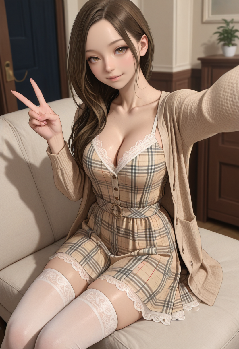 masterpiece, very aesthetic, best quality, absurdres, newest, solo,
 <lora:ILREVMia:1>
REVMia, 1girl, brown hair, long hair, brown eyes, looking at viewer, white thighhighs, v, plaid dress, selfie, cleavage, sitting, lace trim, dress, collarbone