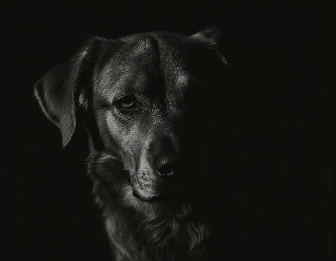 <lora:BWMonochrome:0.85> mono, A black-and-white photograph captures a close-up of an older dog with a soulful expression. The dog has a long, wavy coat and prominent wrinkles around its eyes and muzzle. The background is dark, emphasizing the dog's face. The lighting highlights the texture of its fur and the gentle lines of its face. . 35mm photograph, film, bokeh, professional, 4k, highly detailed