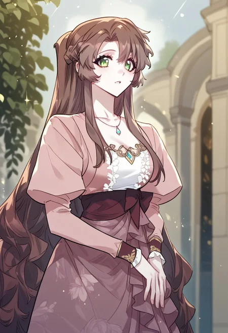 zPDXL3, score_9_up, score_8_up, score_7_up, (Anime_source), 1girl, ChloeBattenberg, green eyes, brown hair, long hair, Mother clothes, half updo, braid, from front, looking at viewer, standing, parted lips, particles,