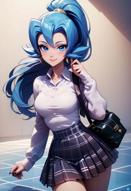 score_9, score_8_up, score_8, medium breasts, (curvy), cute, eyelashes,
BREAK,
zzClair, solo, 1girl, long hair, blue hair, blue eyes, ponytail,
BREAK,
closed mouth, alternate costume, smile, nail polish, looking at viewer, hand up, collared shirt, blush, sweater, black skirt, black nails, eyelashes, long sleeves, sleeves past wrists, plaid skirt, shoulder bag, black bag, blurry, tile floor, pleated skirt, white shirt,
zPDXL,