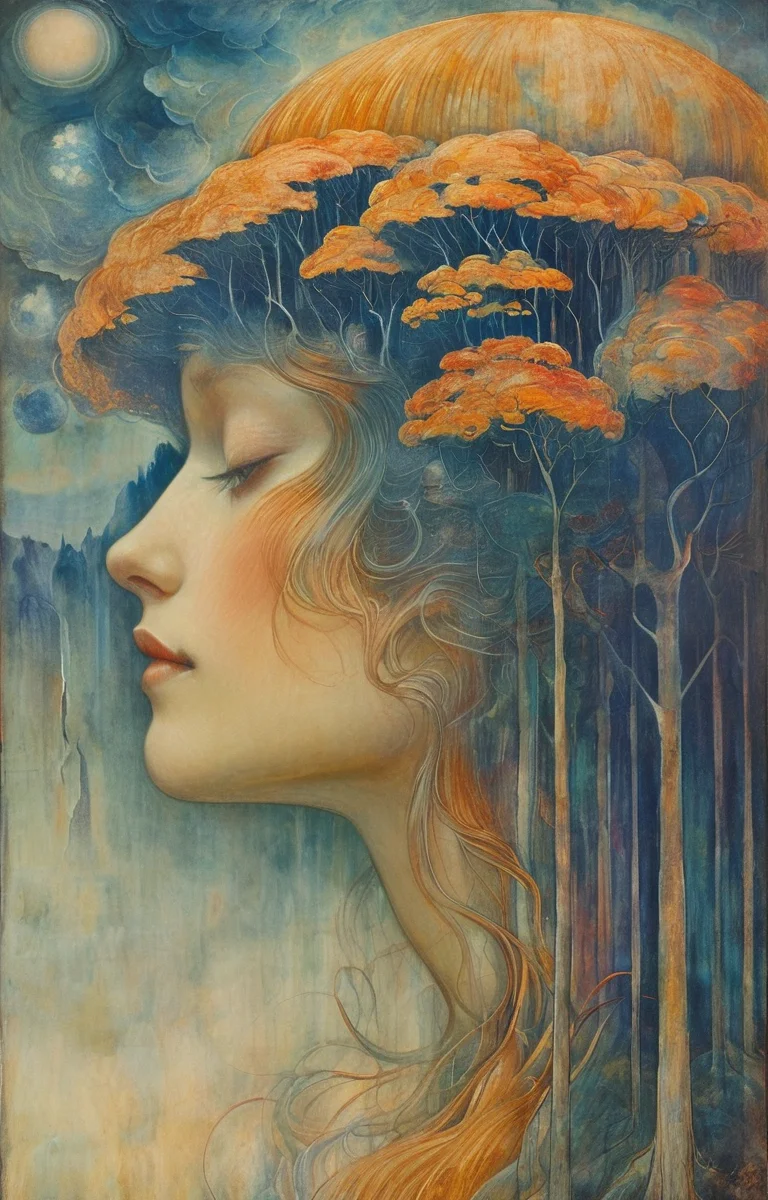 masterpiece,best quality,<lora:tbh140-sdxl:0.7>,landscape,illustration,style of Jean Delville,symbolism,colorful,