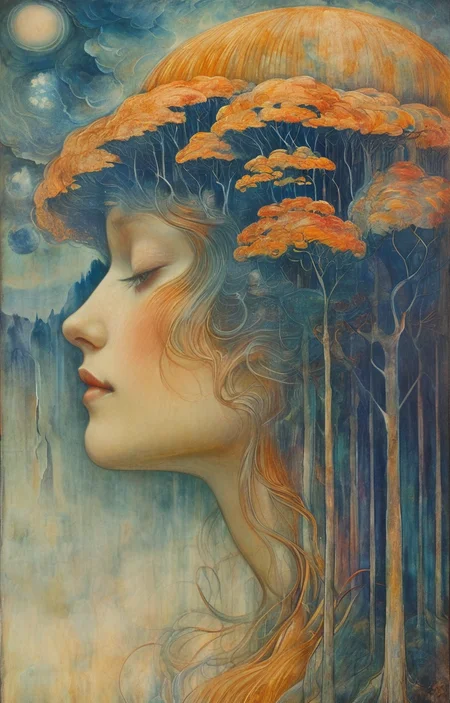masterpiece,best quality,<lora:tbh140-sdxl:0.7>,landscape,illustration,style of Jean Delville,symbolism,colorful,