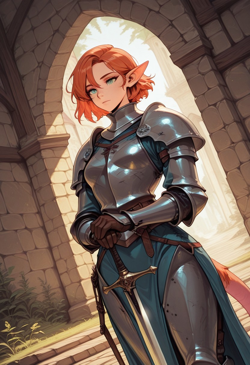 highly detailed, fine fur detail, absurdres, highly-detailed, best quality, masterpiece, very aesthetic, detailed skin, beautiful eyes, detailed eyes, dutch angle, Solo, 1girl, Verm1llia, armor, knight armor, knight_pose, hand on hilt, sword, fantasy, medieval, scenery