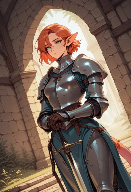 highly detailed, fine fur detail, absurdres, highly-detailed, best quality, masterpiece, very aesthetic, detailed skin, beautiful eyes, detailed eyes, dutch angle, Solo, 1girl, Verm1llia, armor, knight armor, knight_pose, hand on hilt, sword, fantasy, medieval, scenery