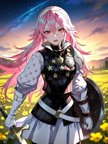 1girl, solo, soleil \(fire emblem\), konya karasue, lam \(ramdayo\), wada sachiko, company connection, flower, gambeson, gloves, hairband, holding sword, holding weapon, looking at viewer, open mouth, outdoors, pink hair, red eyes, scar, shield, skir, star (sky), depth of filed, bukeh, sunset, word
,masterpiece,best quality,newest,absurdres,highres,very awa,