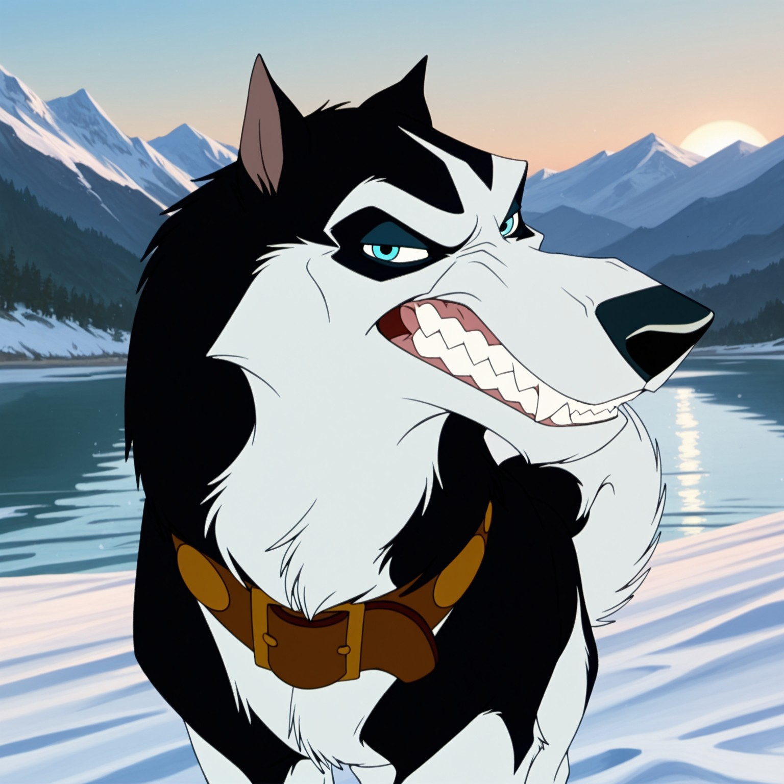uncensored, masterpiece, best quality, highly detailed, realistic, 1boy, solo, SteeleBT, furry, feral, canine, dog, husky, blue eyes, back pupils, black nose, black body, black fur, white body, white fur, two tone body, two tone fur, brown dog collar, three-quarter portrait, feet out of frame, smile, closed mouth, looking at viewer, snow, lake, outdoor, mountains, detailed background, face focus, sharp teeth, angry, all fours, medium tail, narrowed eyes, dutch angle