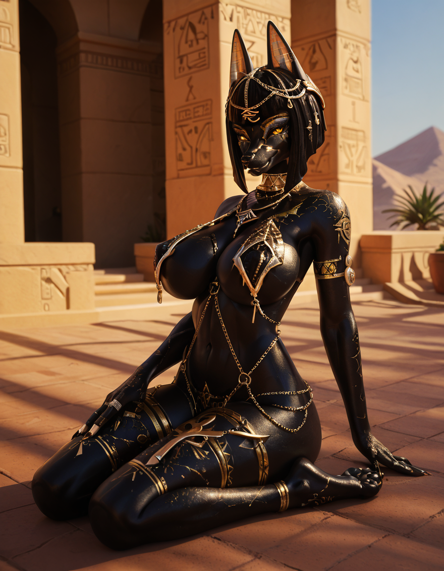 score_9,score_8_up,score_7_up,score_6_up,
outdoors
full body,seductive smile,parted lips,long eyelashes,
<lora:Anubis_v01_PDXL:1>,
Anubis,1girl,solo,jackal,egyptian,ankh,black hair,short hair,bangs,jackal ears,yellow eyes,snout,animal nose,dark-skinned female,colored skin,black skin,dark-skinned female,shiny skin,huge breasts,tattoo,animal feet,
<lora:add-detail-xl:1>,