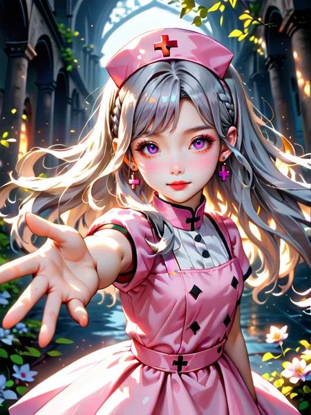 Design a melee brawl featuring an array of gun weapons and accessories,with artifacts held by characters. The scene includes a character with white-metallic fractal knee socks and a bioluminescent fractal leotard,portrayed as an anthropomorphic,charming Red Cross nurse with angelic qualities. She has wings that spread gracefully amidst the ruins of the Red Cross,symbolizing her deep connection to fractals. Her lithe and sinuous form reflects the elegance of fractal currents.,
Her skin is a captivating fractal shade,shimmering in the light with intricate patterns that enhance her futuristic appearance. She has long platinum blonde hair with bangs and curls,radiating a soft Red Cross light from her core. Her eyes are cute and filled with wonder,complemented by perfect anatomical proportions and glossy highlights that give a wet look,embodying the principles of luminism.,
This artwork is a 3D render,utilizing octane rendering techniques to create an isometric,three-dimensional effect that enhances beauty and sharp focus. It features a stunningly adorable face with well-balanced features,including cute eyes with long eyelashes,a delicate nose,and a small smile. Her beautiful,pale skin is free of blemishes and imperfections,enhanced by natural makeup,from_side,from_above,aerial,