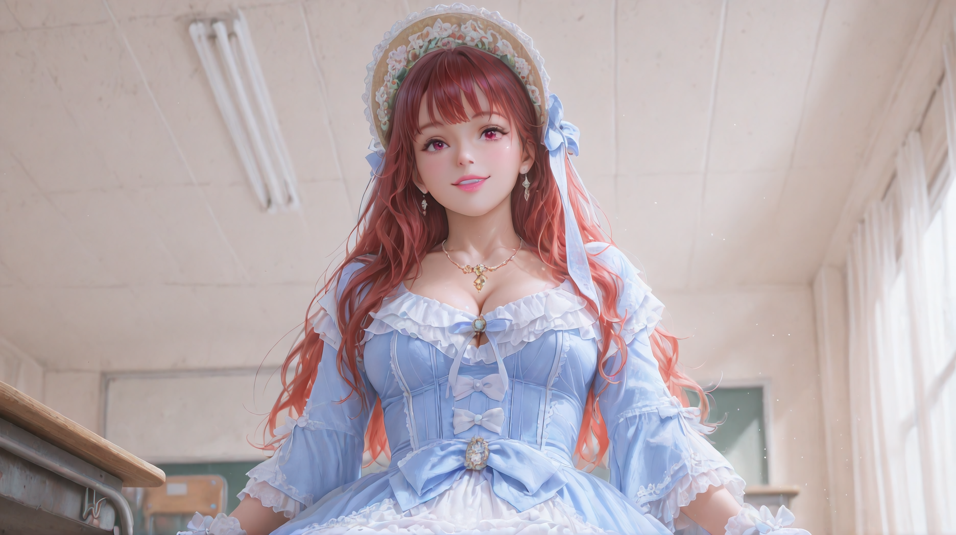(masterpiece, best quality,realistic,from below,sitting:1.3),absurdres,(looking at viewer,  collarbone,),(shiny_eyes,sparkling_eyes,smile:1.2),
1girl,solo,red hair,red eyes,very long hair,whdbd,blue dress,white dress,jewelry,necklace,bonnet,long sleeves,bow,lace trim,lace,frills,lipstick,
cleavage,medium breasts,bouncing breasts,classroom,<lora:aidmaImageUpgrader-v0.3-IL:0.6>,<lora:whdbd(IL):0.8>,