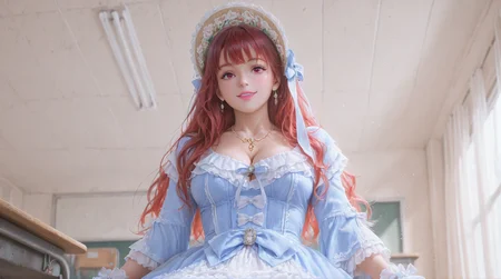 (masterpiece, best quality,realistic,from below,sitting:1.3),absurdres,(looking at viewer, collarbone,),(shiny_eyes,sparkling_eyes,smile:1.2),
1girl,solo,red hair,red eyes,very long hair,whdbd,blue dress,white dress,jewelry,necklace,bonnet,long sleeves,bow,lace trim,lace,frills,lipstick,
cleavage,medium breasts,bouncing breasts,classroom,<lora:aidmaImageUpgrader-v0.3-IL:0.6>,<lora:whdbd(IL):0.8>,