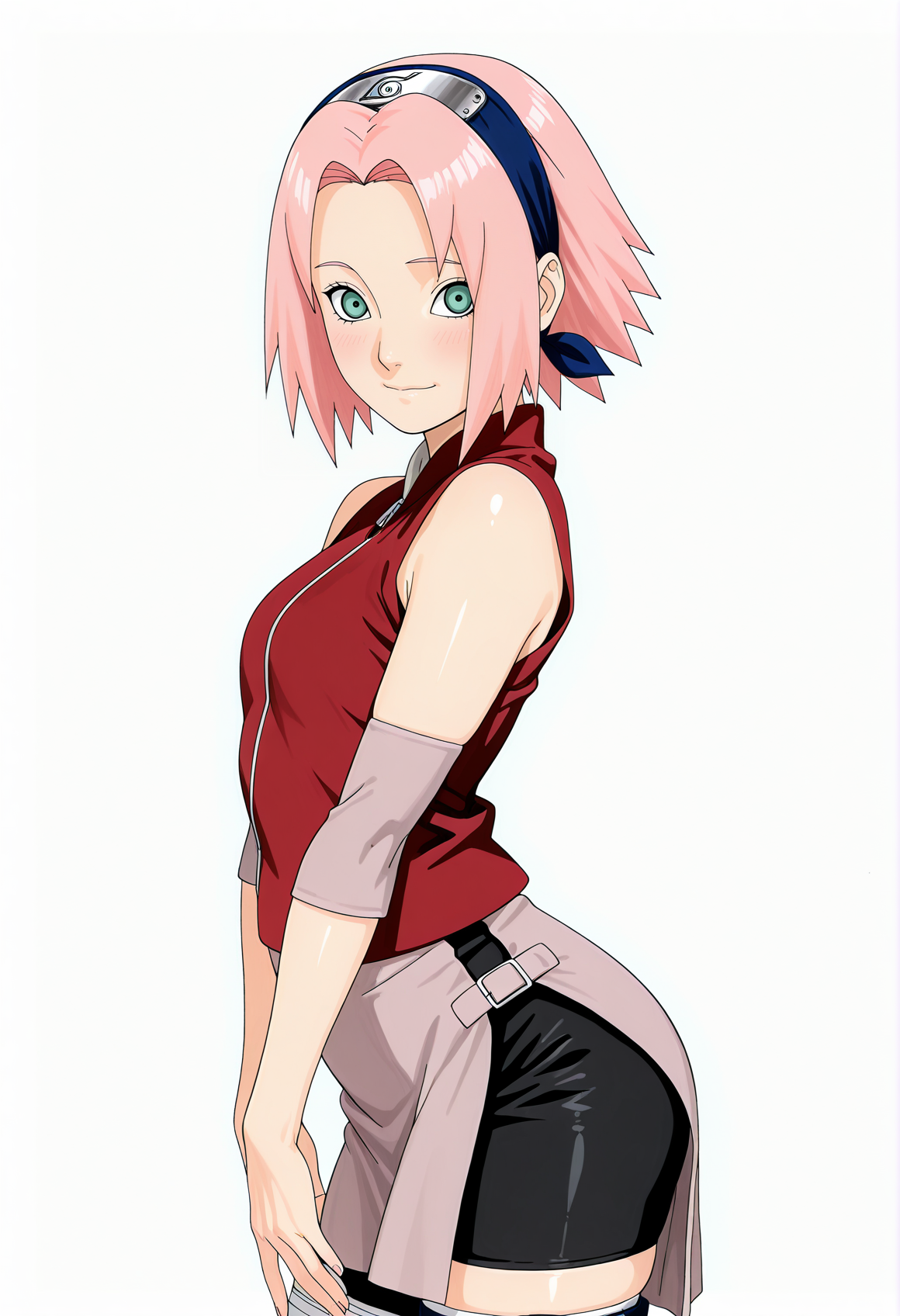 amazing quality,very aesthetic,absurdres,best quality,newest,masterpiece,4k resolution, absurdres, highres, detailed background, 
 1girl, haruno sakura, pink hair, green eyes, red shirts, black shorts, pink skirt,  <lora:Haruno_Sakura_il2:1> simple background, white background,