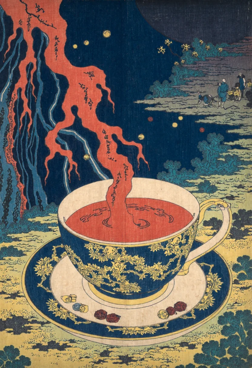 Ukiyo-e style by Katsushika Hokusai of a magical, ethereal scene, the central focus is a large, ornate teacup filled with a vibrant red liquid, which appears to be tea or coffee, the cup is intricately designed with gold and blue floral patterns, and has a golden handle and a saucer with a blue and gold border, the liquid is swirling around the cup, creating a mesmerizing, almost ethereal effect, in the background, there is a dark, dimly lit room with a hint of blue and purple hues, suggesting a fantasy or magical setting, the floor is made of weathered stone, with scattered red and blue gemstones adding a pop of color, the overall composition is rich in detail, with a focus on the intricate patterns and the warm, inviting glow of the liquid, the lighting is soft and diffused, enhancing the ethereal and magical atmosphere, the texture of the stone and the liquid are smooth and polished<lora:CustomFlux/Katsushika_Hokusai.safetensors:1.0:1.0>