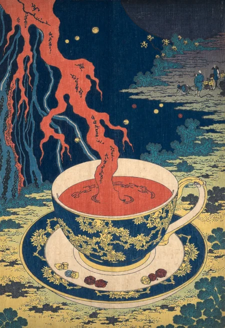 Ukiyo-e style by Katsushika Hokusai of a magical, ethereal scene, the central focus is a large, ornate teacup filled with a vibrant red liquid, which appears to be tea or coffee, the cup is intricately designed with gold and blue floral patterns, and has a golden handle and a saucer with a blue and gold border, the liquid is swirling around the cup, creating a mesmerizing, almost ethereal effect, in the background, there is a dark, dimly lit room with a hint of blue and purple hues, suggesting a fantasy or magical setting, the floor is made of weathered stone, with scattered red and blue gemstones adding a pop of color, the overall composition is rich in detail, with a focus on the intricate patterns and the warm, inviting glow of the liquid, the lighting is soft and diffused, enhancing the ethereal and magical atmosphere, the texture of the stone and the liquid are smooth and polished<lora:CustomFlux/Katsushika_Hokusai.safetensors:1.0:1.0>