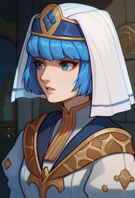 score_9, score_8_up, score_7_up, source_anime BREAK 1girl, solo, <lora:silque-fe-richy-v1_pdxl:1> silquedef, blue hair, short hair, blue eyes, veil, dress, parted lips