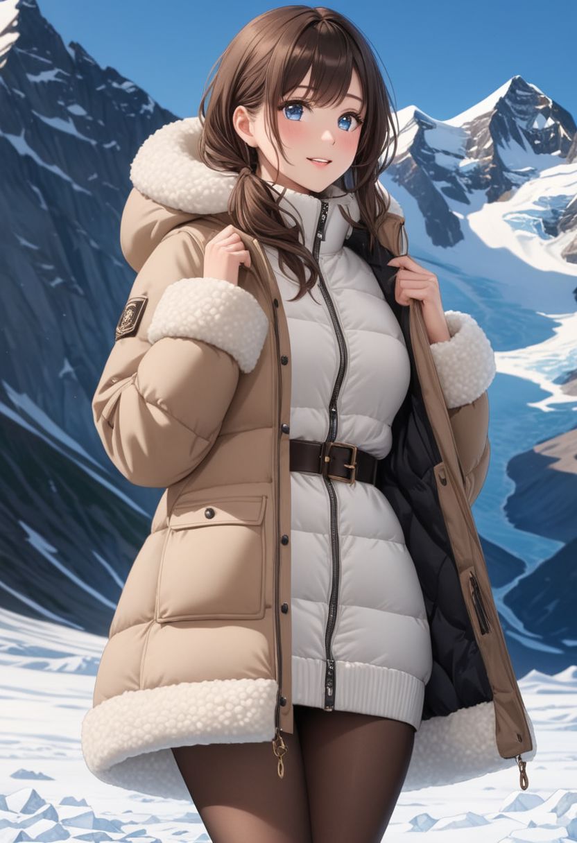 ((((white Oversized shearling down jacket)))), ((((white Oversized shearling puffer jacket)))), ((((white Oversized shearling winter clothes)))), ((((very very cold, in cold)))), ((((semi-realistic)))), ((((puffer hood)))), ((medium knee office skirt, pantyhose, boots)), ((((full body)))), ((sharp eyelid, eyeliner, eyelashes, beautiful detailed eyes, tsurime, long messy brown hair, blue eyes, perfect anatomy)), detailed fingers, solo, smile, standing, icefield, ((((masterpiece)))), ((((best quality)))), ((intricate details)), RAW, 8K UHD, (1girl), office lady, detailed face, beautiful face, charming, bonny, (((blush))), (((heavy breathing))), (((feels orgasm))), wind, (Thick padded collar:1.4), (TSH:1.4), (Thick padded cuffs:1.4)