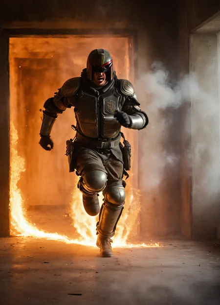 jdgdrdd, action shot of a man in armor running through a burning building, smoke, flames, in motion, motion blur, sparks, lights, action, dramatic light,
<lora:Judge_Dredd_-_2012_SDXL:0.8> jdgdrdd