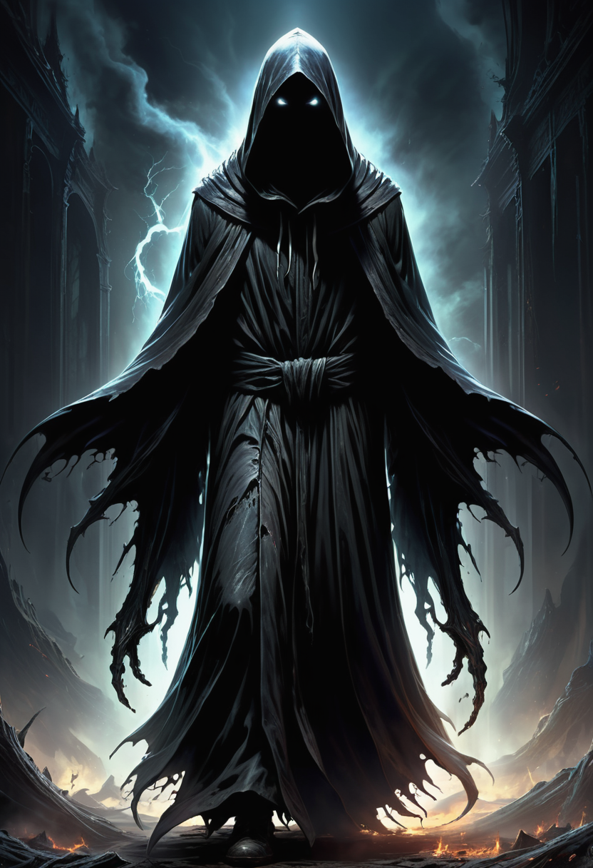 hyper detailed masterpiece, dynamic, awesome quality, dementor, dark hooded floating humanoid entity, cloaked in tattered hooded robes, ghostly diffuse lower body, face hidden under hood, no distinct features, drains happiness and positive emotions, cold despair inducing aura, soul sucking kiss, fear, despair, darkest aspects of magic, dimensional,deadly
