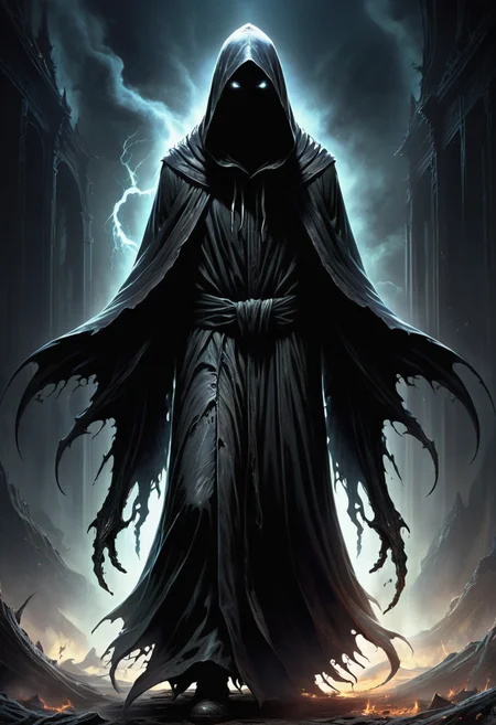 hyper detailed masterpiece, dynamic, awesome quality, dementor, dark hooded floating humanoid entity, cloaked in tattered hooded robes, ghostly diffuse lower body, face hidden under hood, no distinct features, drains happiness and positive emotions, cold despair inducing aura, soul sucking kiss, fear, despair, darkest aspects of magic, dimensional,deadly