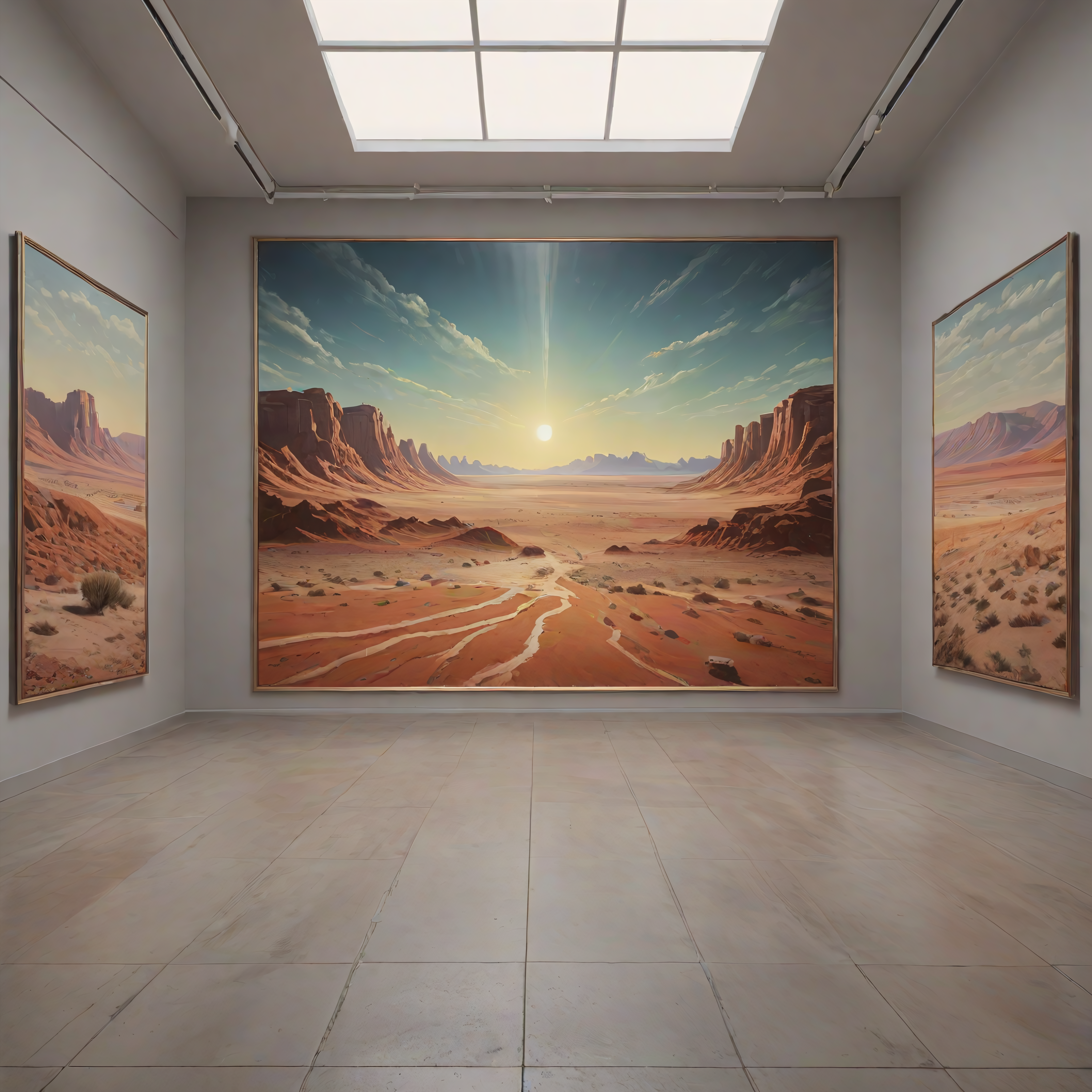 landscape of a Saline Desert from inside of a Art gallery, Noble, Ultra Real, Glow In The Dark, Rembrandt lighting, Silver and copper hue ,8k, masterpiece, best quality, hyperrealistic, superrealistic, photorealistic, ultra sharp, 16 bit colors, highres,