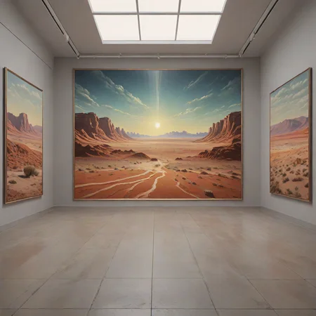 landscape of a Saline Desert from inside of a Art gallery, Noble, Ultra Real, Glow In The Dark, Rembrandt lighting, Silver and copper hue ,8k, masterpiece, best quality, hyperrealistic, superrealistic, photorealistic, ultra sharp, 16 bit colors, highres,