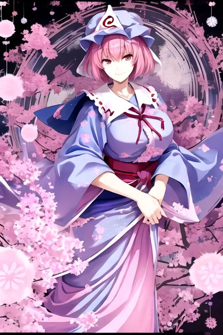 Yuyuko, pink hair, saigyouji yuyuko, breasts, short hair, triangular headpiece, hat, solo, mob cap, looking at viewer, japanese clothes, large breasts, pink eyes, kimono, smile, blue headwear, blue kimono, long sleeves, bangs, frills, wide sleeves, hair between eyes