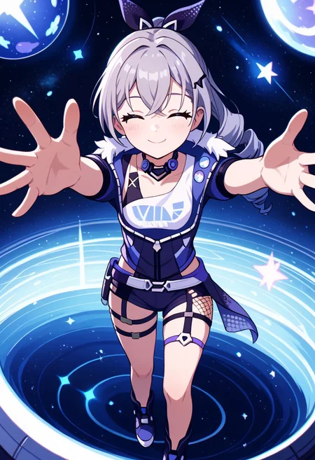 score_9, score_8_up, score_7_up, masterpiece, best quality, absurdres, vibrant, highly detailed, super cute and adorable, fluffy, from above, three-quarter front view,
BREAK
1girl, solo, silver wolf \(honkai: star rail\), drill hair, grey eyes, grey hair, light blush, long hair, reaching towards viewer, happy, closed eyes, looking at viewer, closed mouth, :3,
BREAK
indoors, space base, outer space,