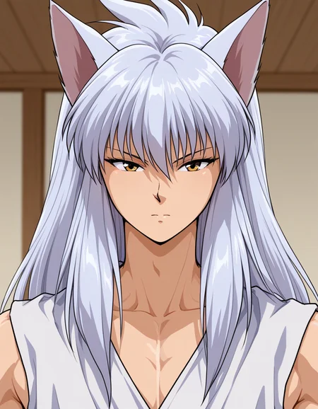 best quality, masterpiece, fox ears, y0k, youko kurama, kurama \(yu yu hakusho\), toned, face focus, portrait, 1boy, solo, sleeveless, yellow eyes, simple background, indoors, <lora:yokokuramaillV1:0.75>